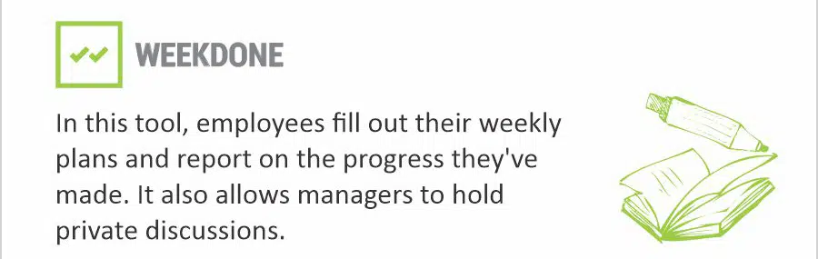 In this tool, employees fill out their weekly plans and report on the progress they've made. It also allows managers to hold private discussions.