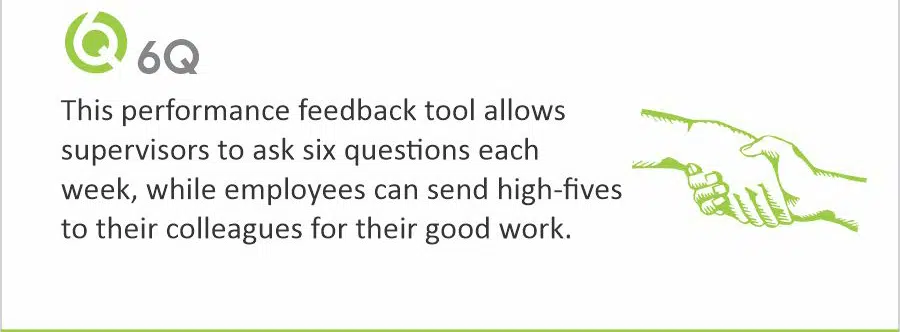 This performance feedback tool allows supervisors to ask six questions each week, while employees can send high-fives to their colleagues for their good work. 