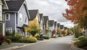 Quiet residential street, with houses lined up in perfect symmetry, suburbs.