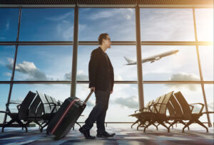 A man walking through the airport with his luggage and a plane taking off in the background
