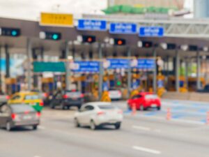 Blurry image of cars crossing an international border