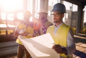 International workers wearing hardhats and safety gear surveying on the jobsite