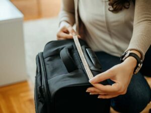 Woman measuring her luggage for a trip