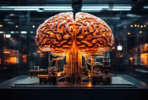 A brain hooked up to wires representing Artificial Intelligence