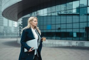 Business woman walking with a coffee